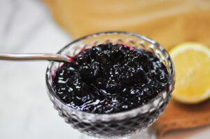 glass bowl of blueberry jam