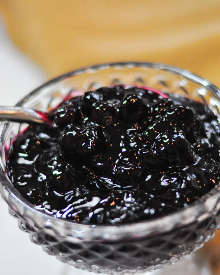 glass bowl of blueberry jam