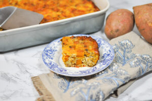 plate with sweet potato and sausage casserole