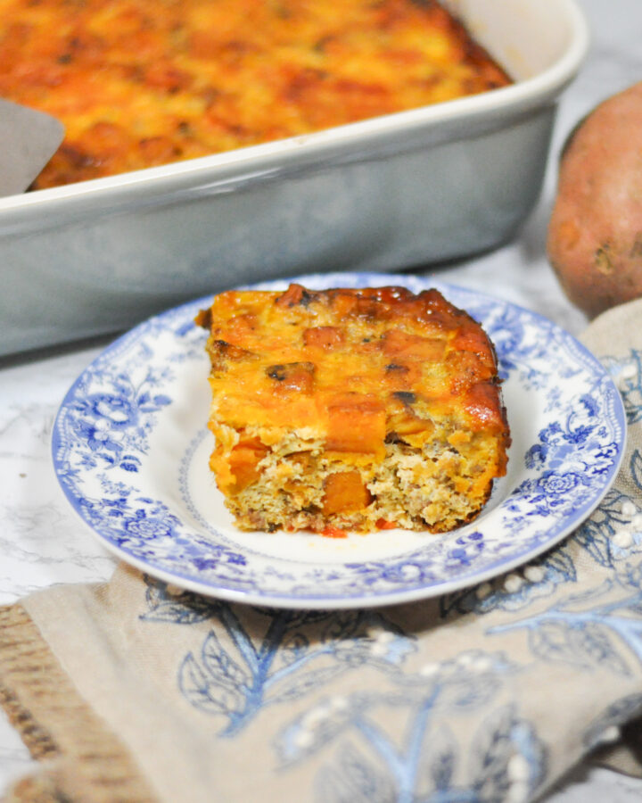 plate with sweet potato and sausage casserole