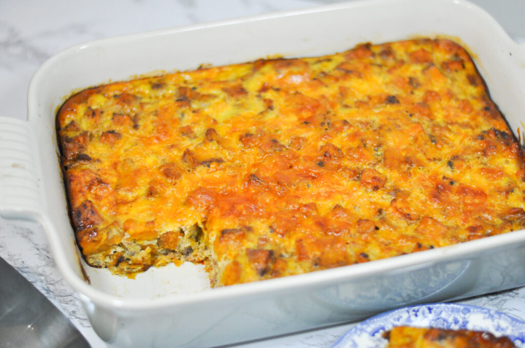upclose image of sweet potato and sausage casserole