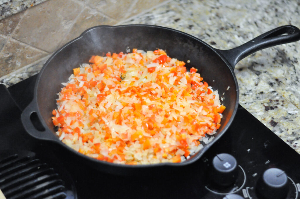 black skiller with diced peppers and onions