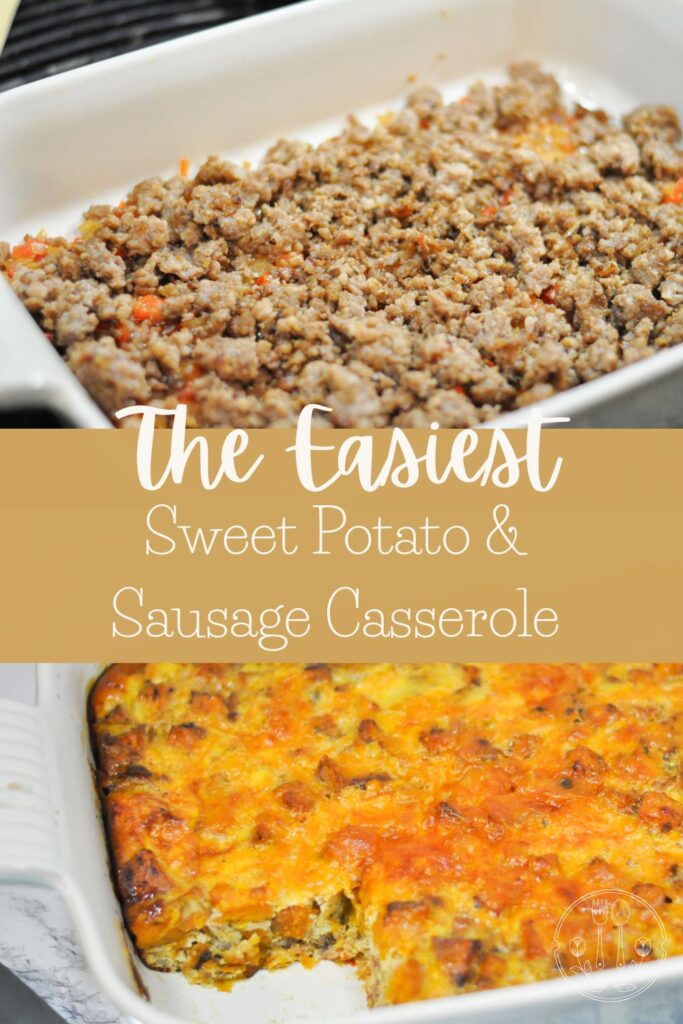 casserole dish filled with sausage and second image of cooked breakfast casserole